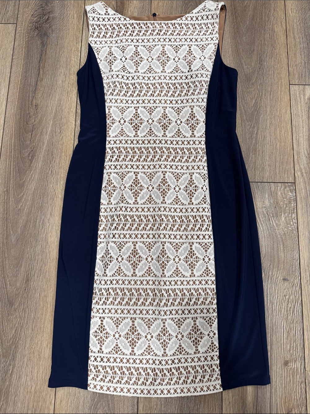 ANNE KLEIN Lace Color Block Midi Dress Crochet Front Navy Cream